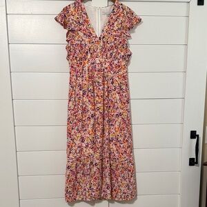 julia jordan Pink Multicolor Floral Midi Dress with Ruffle Sleeves